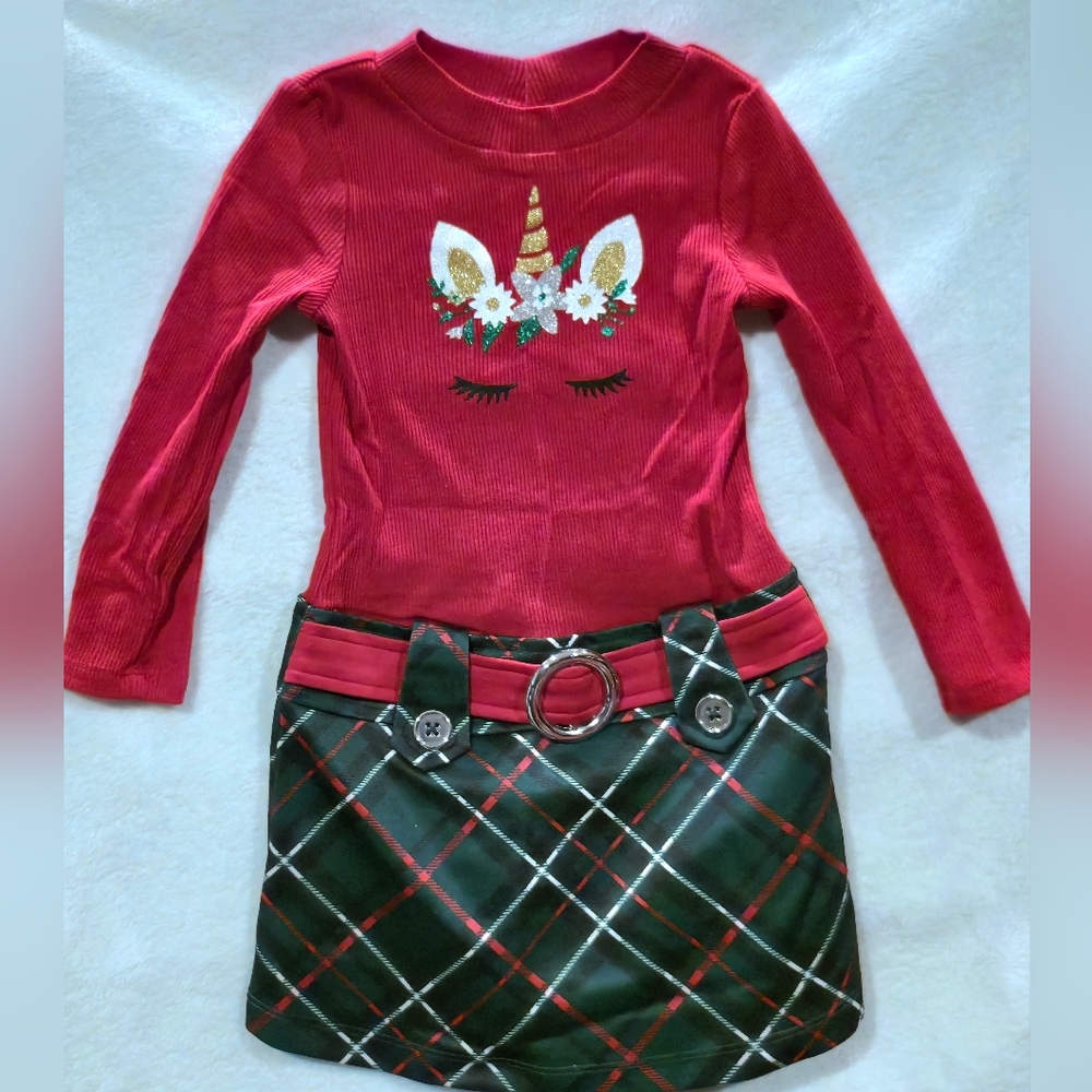 3T Red Unicorn Long Sleeve Dress with Plaid Skirt